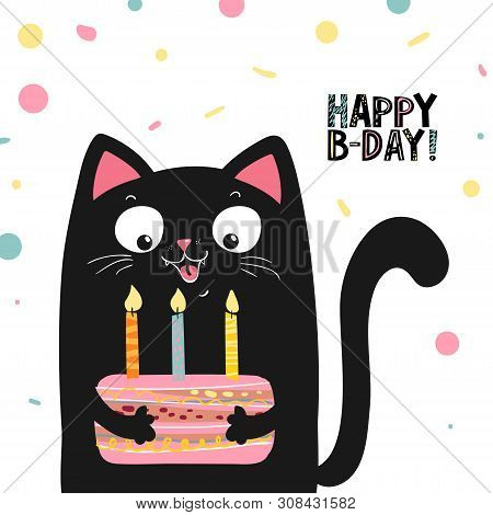 Happy Black Cat With Cake And Lettering Happy Birthday , Vector Illustration Eps 10
