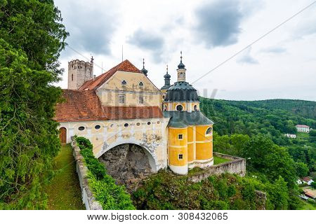 View Of Beautiful Castle Vranov Nad Dyji, Moravian Region In Czech Republic. Ancient Chateau Built I