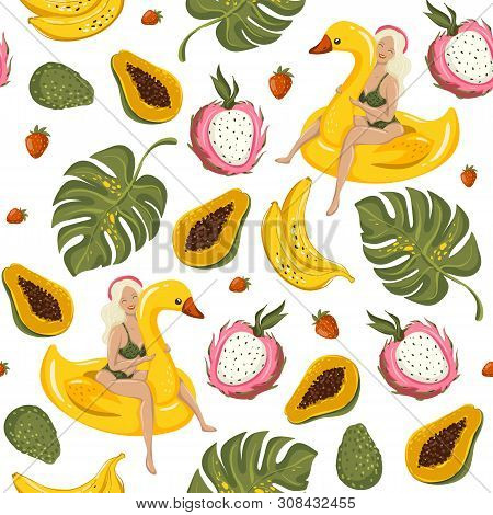 Summer Seamless Pattern Background With Exotic Fruits, Girls, Tropic Leaves, Avocado, Strawberry. Ve