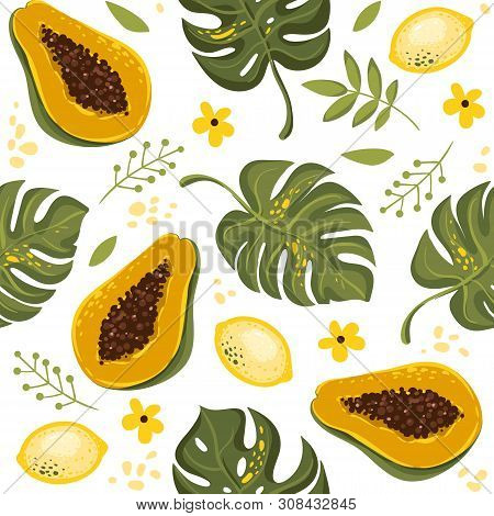 Summer Seamless Pattern Background With Exotic Fruits, Tropic Leaves, Avocado, Strawberry. Vector Il