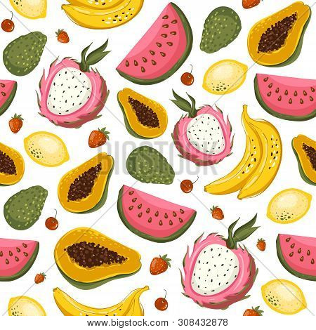 Hand Drawn Vector Cartoon Summer Fruits. Seamless Pattern Background With Papaya, Banana, Mango, Lim