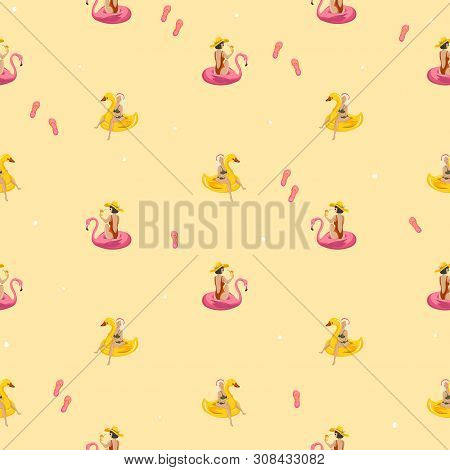 Hand Drawn Vector Seamless Pattern Background With Cartoon Women. Summer Time People. Vector Eps 10