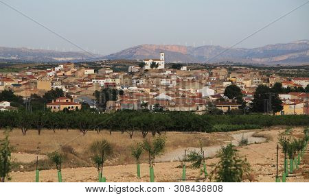 Panoramic View Of The Small Ontur Village In Spain Surrounded By Plantations