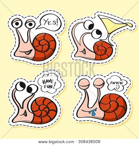 Snails Stickers Set. Funny Emoji. Nature Character. Cartoon. Icon, Element, Design, Card, Gift, Text