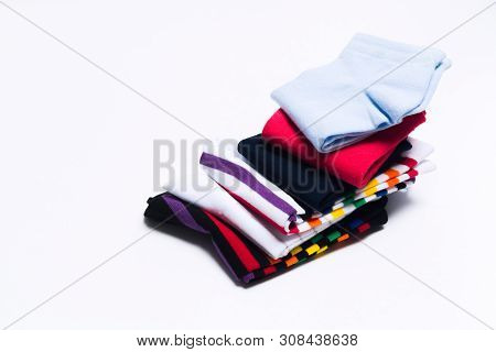 Different Colorful Socks In One Stack For Kids Or Woman. Fashion Warm Clothes For Feet. Selective Fo