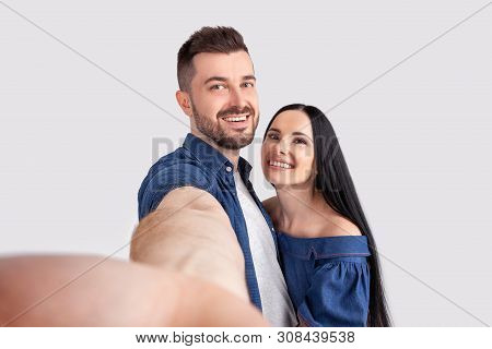 Close Up Photo Of Lovely Charming Recently Married Wife And Husband Having Honeymoon. They Are Happy