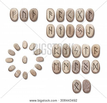 Stack Of Stone Runes Isolated On White Background. Runes Are Cut From Stone Blocks. Magic Symbols Fo