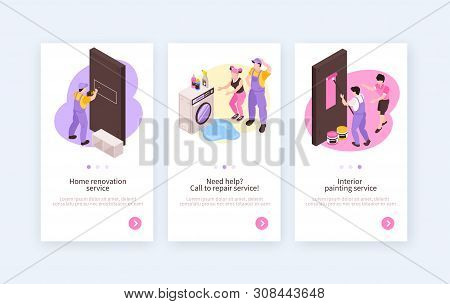 Home Renovation Repair Interior Remodeling Service Advertisement 3 Vertical Isometric Banners With P