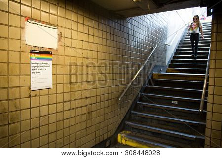 2018 JUNE 24 NEW YORK: A sign posted in NYC Subway that says No Bigotry, Hatred, or Prejudice Allowed At This Station At Any Time on the day of the NYC Pride March.
