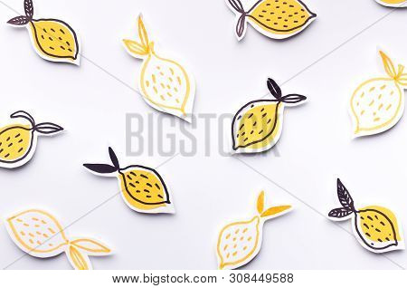 Summer Wallpaper Of Fresh Paper Lemons On White Background, Panorama, Copy Space, Paper Gesign
