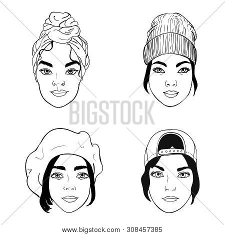 Black And White Portraits Of Girls With Different Headpieces, Fashion Vector Illustration: Tirban, B