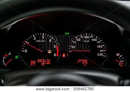 Novosibirsk, Russia - June 22, 2019:  Nissan Pathfinder, Close-up Of The Dashboard, Speedometer And 
