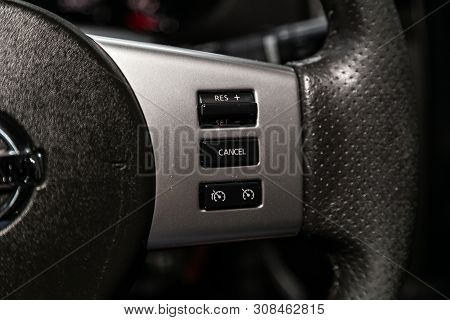 Novosibirsk, Russia - June 22, 2019:  Nissan Pathfinder, Car Controller On Steerling Wheel ,control 