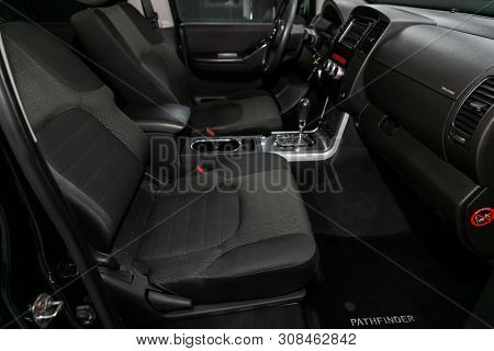 Novosibirsk, Russia - June 22, 2019:  Nissan Pathfinder, Close-up Of The Dashboard, Player, Steering