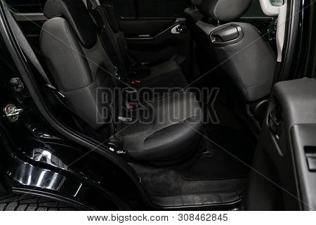 Novosibirsk, Russia - June 22, 2019:  Nissan Pathfinder, Close-up Of The Black  Rear Seats With Seat