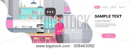 Woman Using Multi Cooker Controlled By Smart Speaker Voice Recognition Concept Modern Kitchen Interi