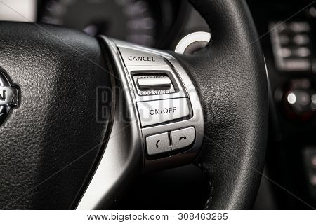 Novosibirsk, Russia - June 22, 2019:  Nissan X-trail,  Car Controller On Steerling Wheel ,music,cont