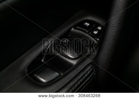 Novosibirsk, Russia - June 22, 2019:  Nissan X-trail, Close-up Of The Side Door Buttons: Window Adju