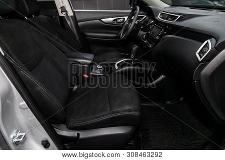 Novosibirsk, Russia - June 22, 2019:  Nissan X-trail, Close-up Of The Dashboard, Player, Steering Wh
