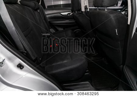 Novosibirsk, Russia - June 22, 2019:  Nissan X-trail,  Close-up Of The Black  Rear Seats With Seats 