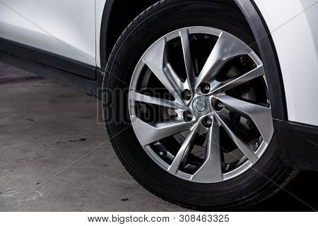Novosibirsk, Russia - June 22, 2019:  Nissan X-trail, Close-up Of The Alloy Wheel. Photography Of A 