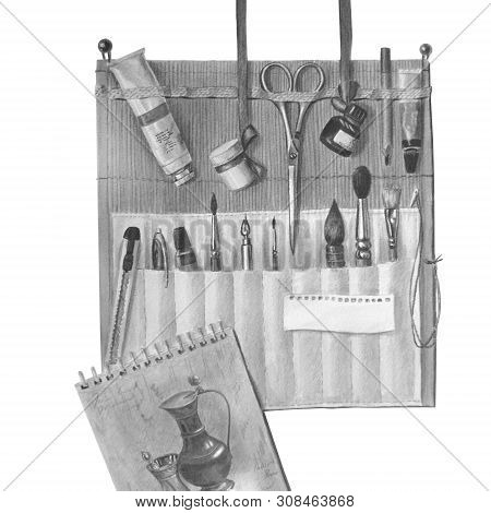 Beautiful Pencil Case With A Set Of Artistic Tools. Monochrome Watercolor Composition With Brushes, 