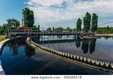 Modern Urban Sewage Treatment Plant. Sedimentation Drainage Tank Round Form.