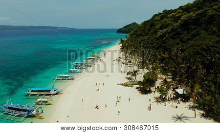 Travel Concept: Sand Beach With Tourists And Turquoise Water On Boracay, Philippines, Aerial Drone. 