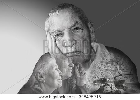 The Sad Senior Couple At Home Sitting Near Window Together. Collage With Double Exposition