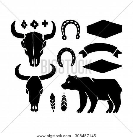 Vector Set Of Hand Draw Elements Of The Wild West On A White Background. Cowboy Western Icons In Mon