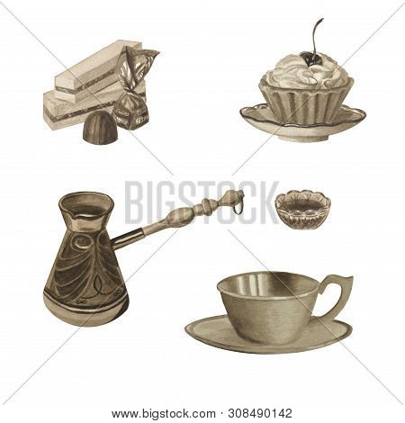 Coffee Set Sepia Color Isolated On White. Turk For Coffee, Cup, Sweets. Watercolor Beautiful Illustr