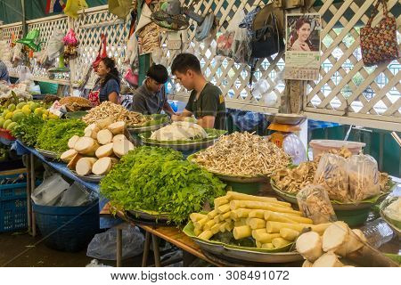 Bangkok, Thailand - 22nd April 2016: Vegetable Stall On Khong Toei Wet Market. This Is Bangkoks Larg