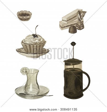 Sepia Color Tea Set Isolated On White. Teapot, Cup, Sweets. Watercolor Beautiful Illustration Drawn 