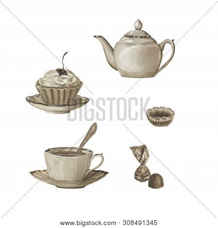 Sepia Color Tea Set Isolated On White. Porcelain Teapot, Cup, Sweets. Watercolor Beautiful Illustrat