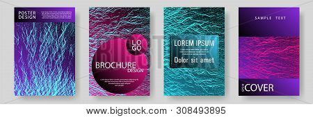 Annual Report Covers Design Set. Pink Blue Purple Synthwave Textures. Vector Templates For Corporate