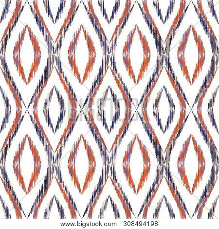 Ikat Ogee Seamless Vector Pattern Design. Ethnic Fabric Print Geometric Ikat Pattern. Cute Ogee Seam