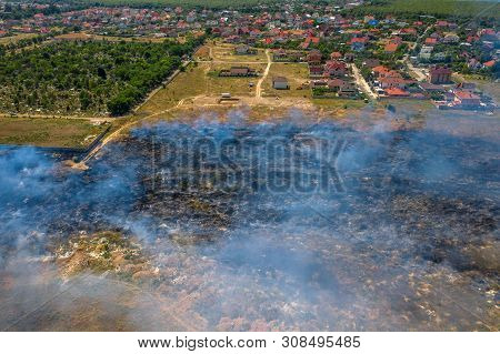 Heavy Smoke In Steppe. Forest And Steppe Fires Destroy Field, Steppes During Severe Droughts. Fire,