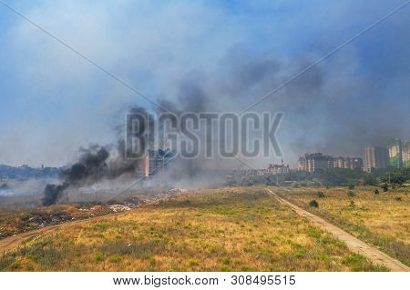 Heavy Smoke In Steppe. Forest And Steppe Fires Destroy Field, Steppes During Severe Droughts. Fire,