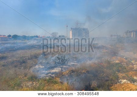 Heavy Smoke In Steppe. Forest And Steppe Fires Destroy Field, Steppes During Severe Droughts. Fire,