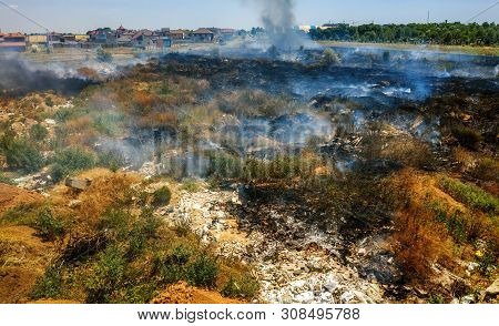 Heavy Smoke In Steppe. Forest And Steppe Fires Destroy Field, Steppes During Severe Droughts. Fire,
