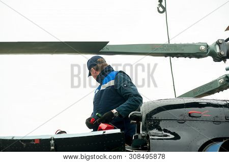 Tyumen, Russia - June 19, 2019: Aircraft Repair Helicopter Utair Engineering Plant. Male Mechanic In