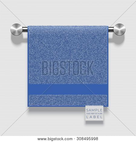 Terry Towel With A Label Template Hanging On A Metallic Holder. Vector Realistic Mockup Illustration