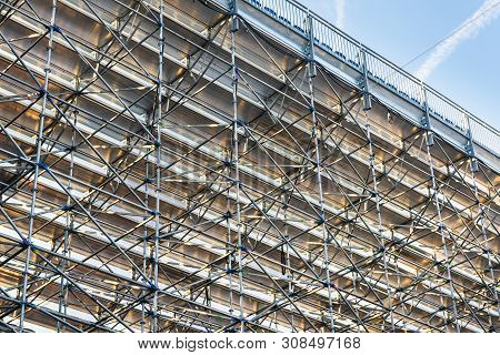 Scaffolding Steel Frame Installation in Construction Site, Scaffold Element Material for Structure Erection., Business Architecture and Construction Industry Under Constructed and Safety First Concept