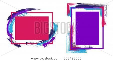 Artistic Frames With Paint Brush Strokes Vector Set. Box Borders With Painted Brushstrokes Backgroun
