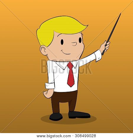 Cartoon Businessman With Pointer On Orange Background