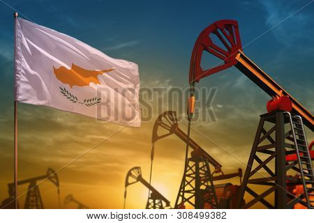 Cyprus Oil Industry Concept, Industrial Illustration. Fluttering Cyprus Flag And Oil Wells On The Bl