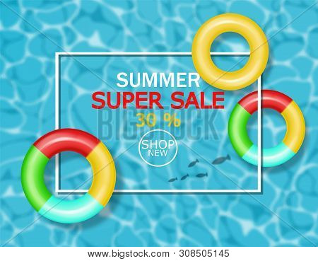 Summer Pool And Lifering Vector Realistic. Commercial Banner Sale Template. 3d Detailed Water Backgr