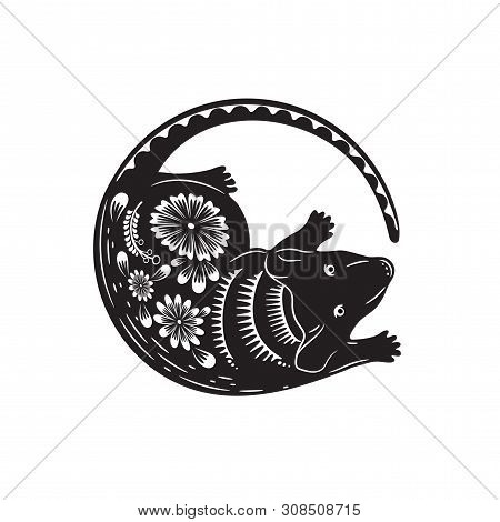 Chinese Zodiac Symbol Of The Year Of The Rat. Black Rat With White Ornament. The Symbol Of The Easte