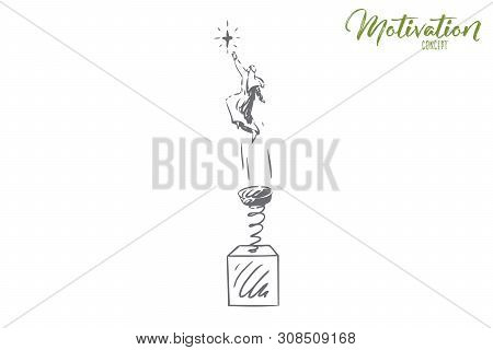 Motivation Concept Sketch. Reach For Stars, Muslim Man Jumping On Spring. Achieving Goals In Life Me