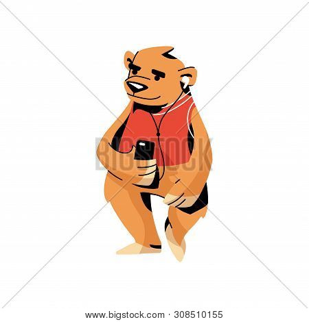 Cute Brown Bear In Red Vest Listening Music With Headphones